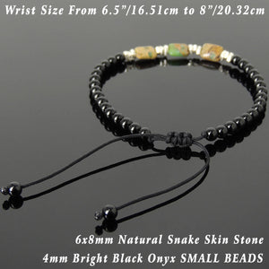 Snake Skin Stone & Bright Black Onyx Adjustable Braided Gemstone Bracelet with S925 Sterling Silver Nugget Beads - Handmade by Gem & Silver BR1122