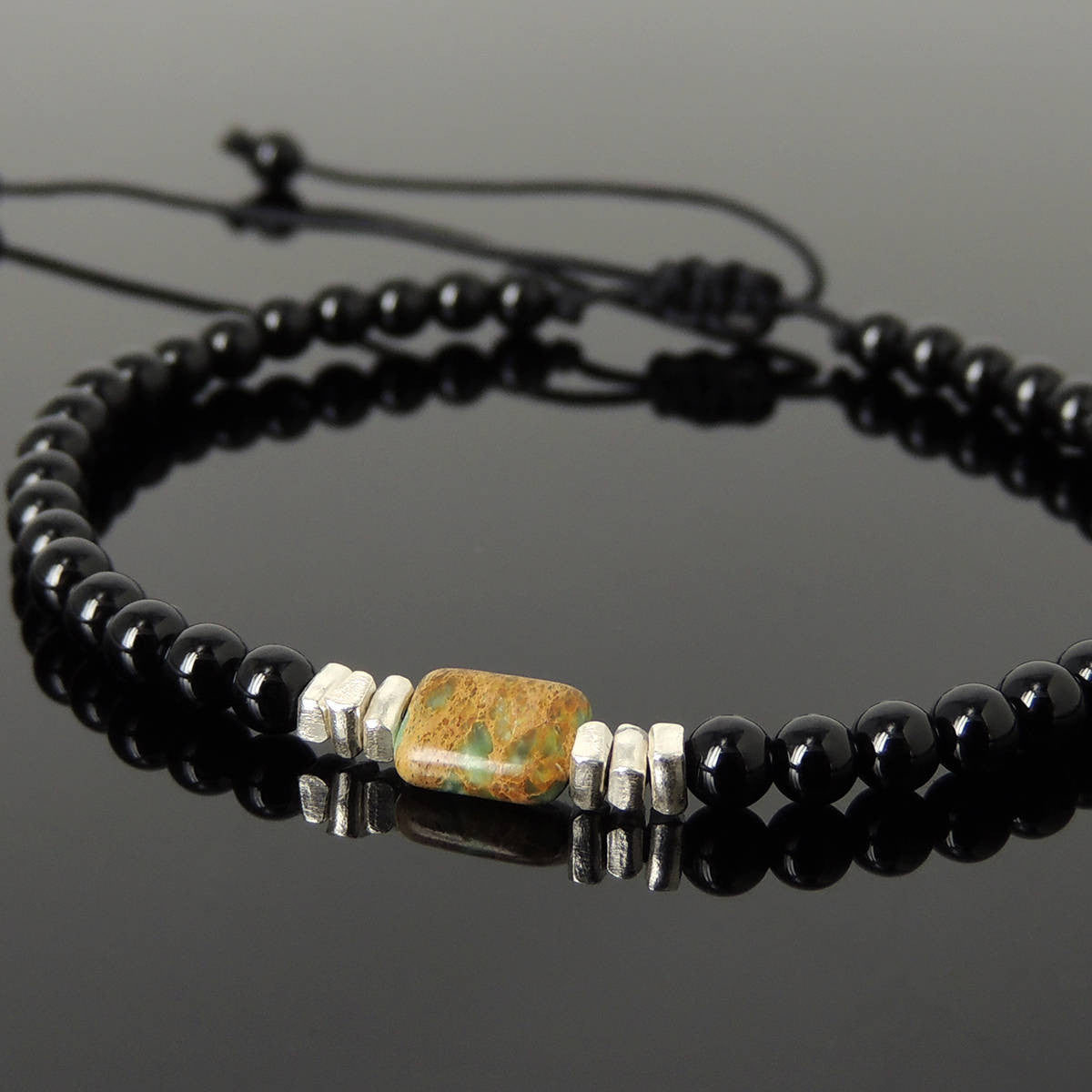 Snake Skin Stone & Bright Black Onyx Adjustable Braided Gemstone Bracelet with S925 Sterling Silver Nugget Beads - Handmade by Gem & Silver BR1123