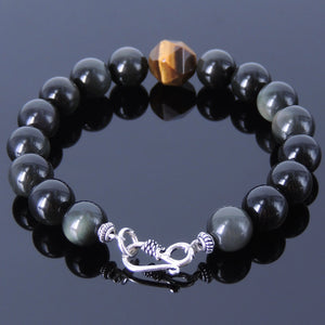 10mm Rainbow Black Obsidian & Faceted Brown Tiger Eye Healing Gemstone Bracelet with S925 Sterling Silver Spacer Beads & Clasp - Handmade by Gem & Silver BR122