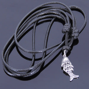 Adjustable Wax Rope Necklace with S925 Sterling Silver Lucky Chinese Fish Pendant for Positive Healing Energy - Handmade by Gem & Silver NK011-W137