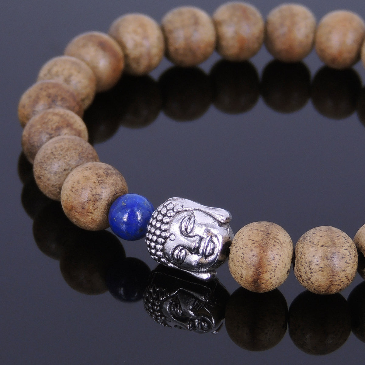 Lapis Lazuli & Agarwood Bracelet for Prayer & Meditation with Tibetan Silver Sakyamuni Buddha Protection Bead - Handmade by Gem & Silver AWB001