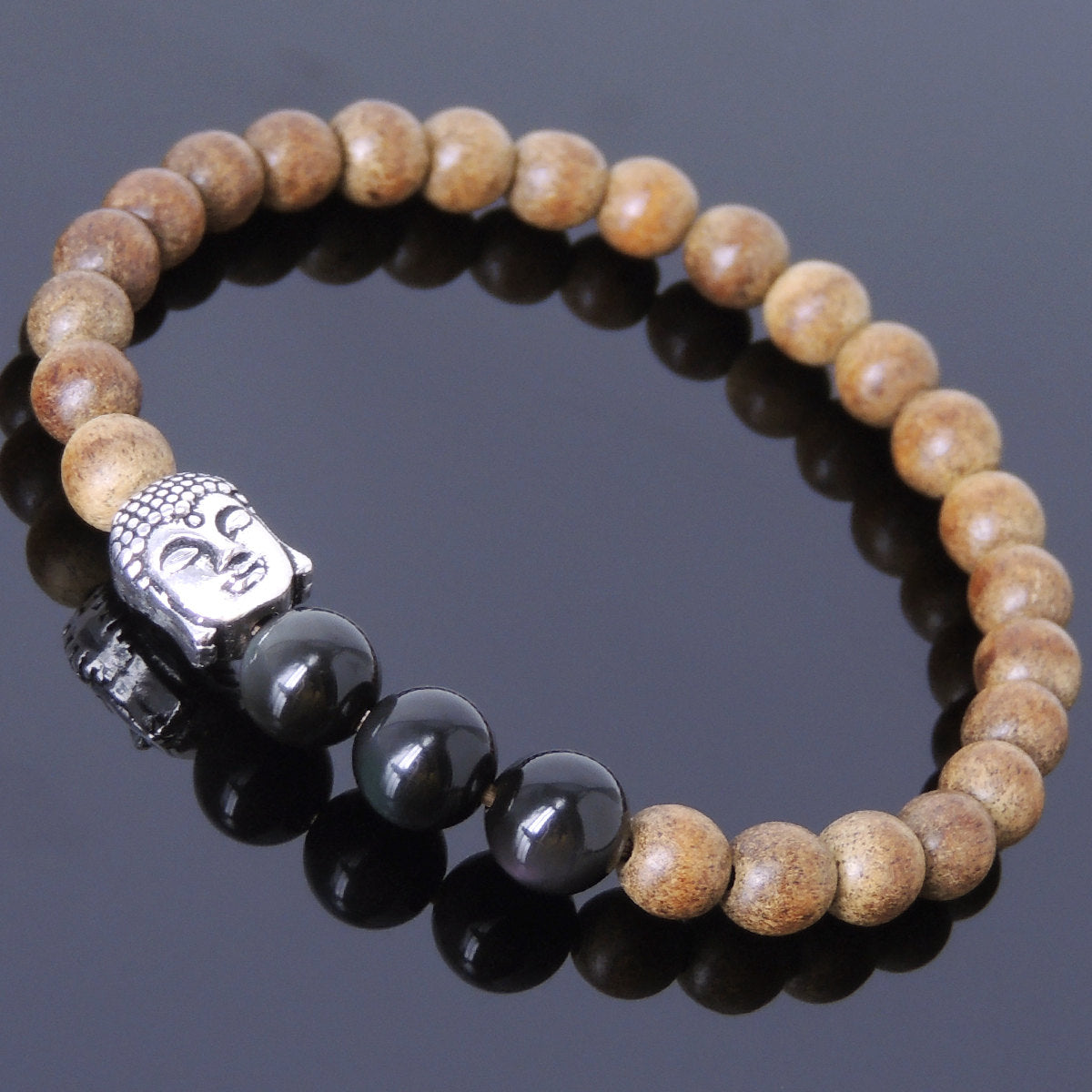 Agarwood & Rainbow Black Obsidian Meditation Bracelet with S925 Sterling Silver Guanyin Buddha Bead - Handmade by Gem & Silver BR439