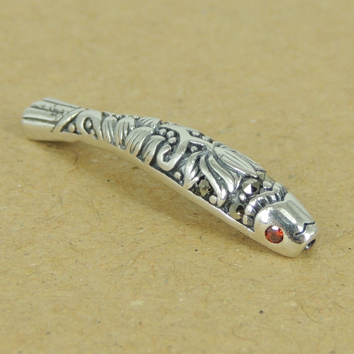 1 PC Lucky Koi Fish with Garnet Gemstone Eyes & Lotus Marcasite Charm - Genuine S925 Sterling Silver