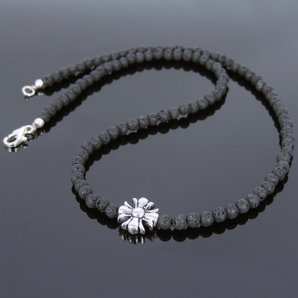 4mm Lava Rock Healing Stone Necklace with S925 Sterling Silver Seamless Beads & Clasp - Handmade by Gem & Silver NK075