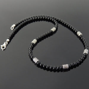 4mm Bright Black Onyx Healing Gemstone Necklace with S925 Sterling Silver Barrel Beads & Clasp - Handmade by Gem & Silver NK087