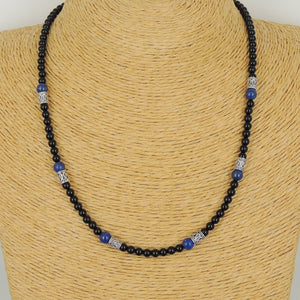 4mm Bright Black Onyx & Lapis Lazuli Healing Gemstone Necklace with S925 Sterling Silver Barrel Beads & Clasp - Handmade by Gem & Silver NK090