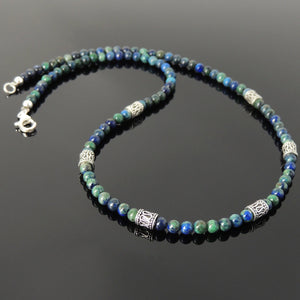 4mm Mixed Chrysocolla Lapis Healing Gemstone Necklace with S925 Sterling Silver Barrel Beads & Clasp - Handmade by Gem & Silver NK095