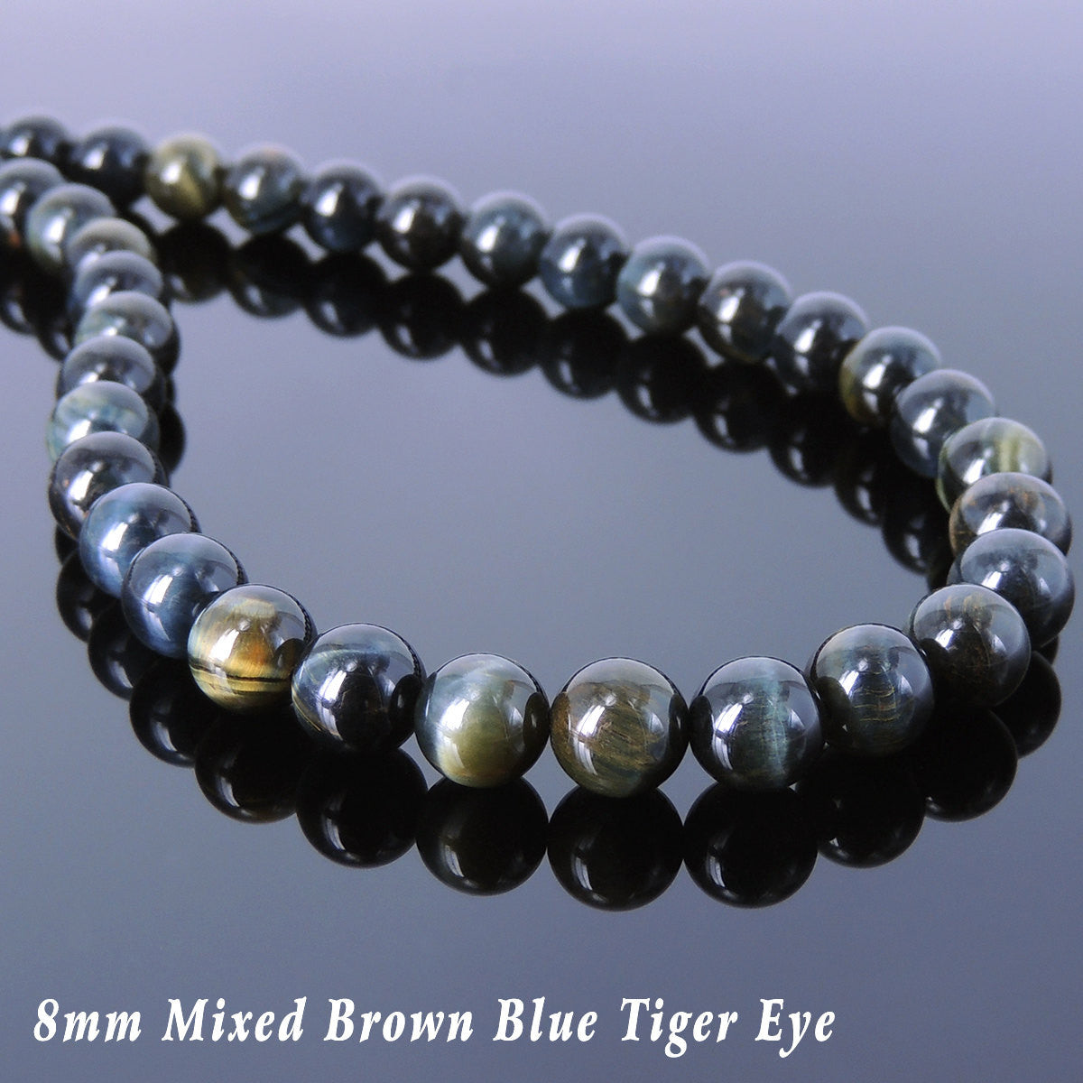8mm Rare Mixed Brown Blue Tiger Eye Healing Gemstone Necklace with S925 Sterling Silver Spacers & S-Hook Clasp - Handmade by Gem & Silver NK096