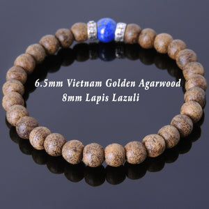 Golden Agarwood & Lapis Lazuli Meditation Bracelet with S925 Sterling Silver Buddhism Protection Spacers - Handmade by Gem & Silver BR682