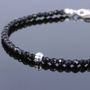 3mm Faceted Bright Black Onyx Healing Gemstone Bracelet with S925 Sterling Silver Seamless Beads & Clasp - Handmade by Gem & Silver BR719