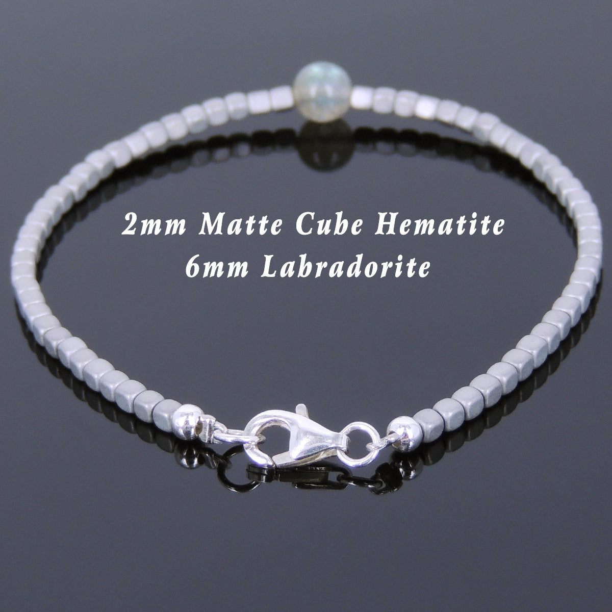 Labradorite & Cubed Matte Hematite Healing Gemstone Bracelet with S925 Sterling Silver Spacer Beads & Clasp - Handmade by Gem & Silver BR720