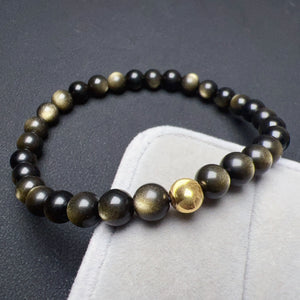6mm Top-grade Golden Obsidian Bracelet with 18K Yellow Gold | Handmade Healing Gemstone Jewelry BR2030