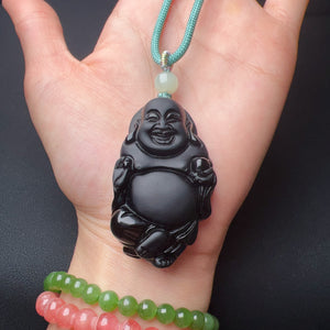 Top-grade Black Obsidian Happy Maitreya Buddha Pendant Necklace - Handmade Men's Women's Protection Jewelry NK310