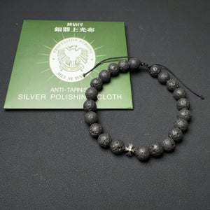 Handmade Braided Healing Stone Prayer Bracelet - 8mm Lava Rock, Genuine S925 Sterling Silver Cross Bead, Adjustable Drawstring BR1674