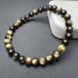 6mm Top-grade Golden Obsidian Bracelet with 18K Yellow Gold | Handmade Healing Gemstone Jewelry BR2030