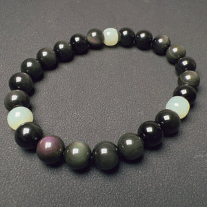 8mm Top-grade Rainbow Sheen Obsidian Bracelet with Green Nephrite Natural Gemstone Jewelry BR2029