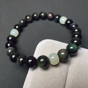 8mm Top-grade Rainbow Sheen Obsidian Bracelet with Green Nephrite Natural Gemstone Jewelry BR2029