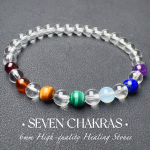 Handmade Clear Quartz Seven Chakra Healing Crystal Bracelet | Amethyst Lapis Aquamarine Malachite Brown Tiger Eye Orange Red Garnet BR2036
