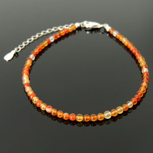 Handmade Adjustable Clasp Anklet - Men's Women's Meditation, Yoga Jewelry with 3mm Carnelian Multicolor Healing Gemstones, Genuine S925 Sterling Silver Parts (Non-Plated) AN028