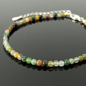 Handmade Adjustable Clasp Anklet - Men's Women's Meditation, Yoga Jewelry with 3mm Indian Agate Multicolor Healing Crystals, Genuine S925 Sterling Silver Parts (Non-Plated) AN029