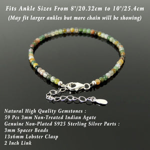 Handmade Adjustable Clasp Anklet - Men's Women's Meditation, Yoga Jewelry with 3mm Indian Agate Multicolor Healing Crystals, Genuine S925 Sterling Silver Parts (Non-Plated) AN029