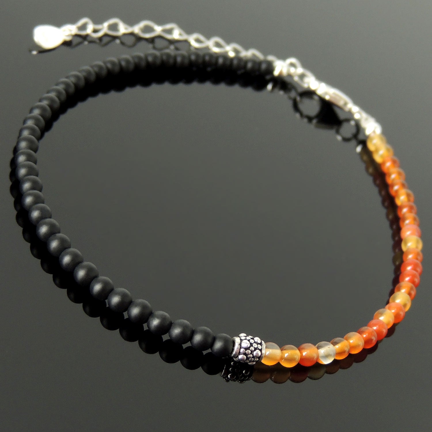 Handmade Adjustable Clasp Anklet - Men's Women's Meditation, Yoga Jewelry with 3mm Matte Black Onyx & Carnelian Multicolor Healing Crystals, Genuine S925 Sterling Silver Parts (Non-Plated) AN030