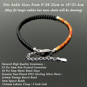 Handmade Adjustable Clasp Anklet - Men's Women's Meditation, Yoga Jewelry with 3mm Matte Black Onyx & Carnelian Multicolor Healing Crystals, Genuine S925 Sterling Silver Parts (Non-Plated) AN030