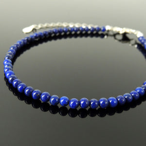Lapis Lazuli Gemstone Adjustable Anklet - Yoga Jewelry for Men's Women's Meditation, Compassion, Healing Chakra Alignment, 3.2mm Small Beads, S925 Non-plated Sterling Silver Chain & Clasp AN032