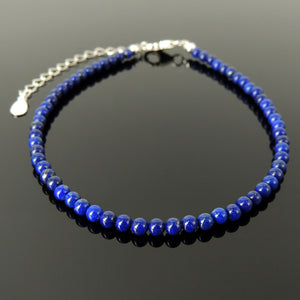 Lapis Lazuli Gemstone Adjustable Anklet - Yoga Jewelry for Men's Women's Meditation, Compassion, Healing Chakra Alignment, 3.2mm Small Beads, S925 Non-plated Sterling Silver Chain & Clasp AN032