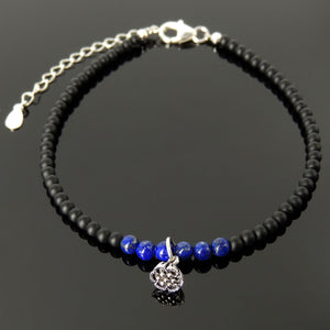 Adjustable Gemstone Anklet with Calming Japanese Lotus Pod Pendant - Matte Black Onyx & Lapis Lazuli Yoga Jewelry for Men's Women's Meditation, Compassion, Healing Chakra Alignment, Small Beads, S925 Non-plated Sterling Silver Chain & Clasp AN033