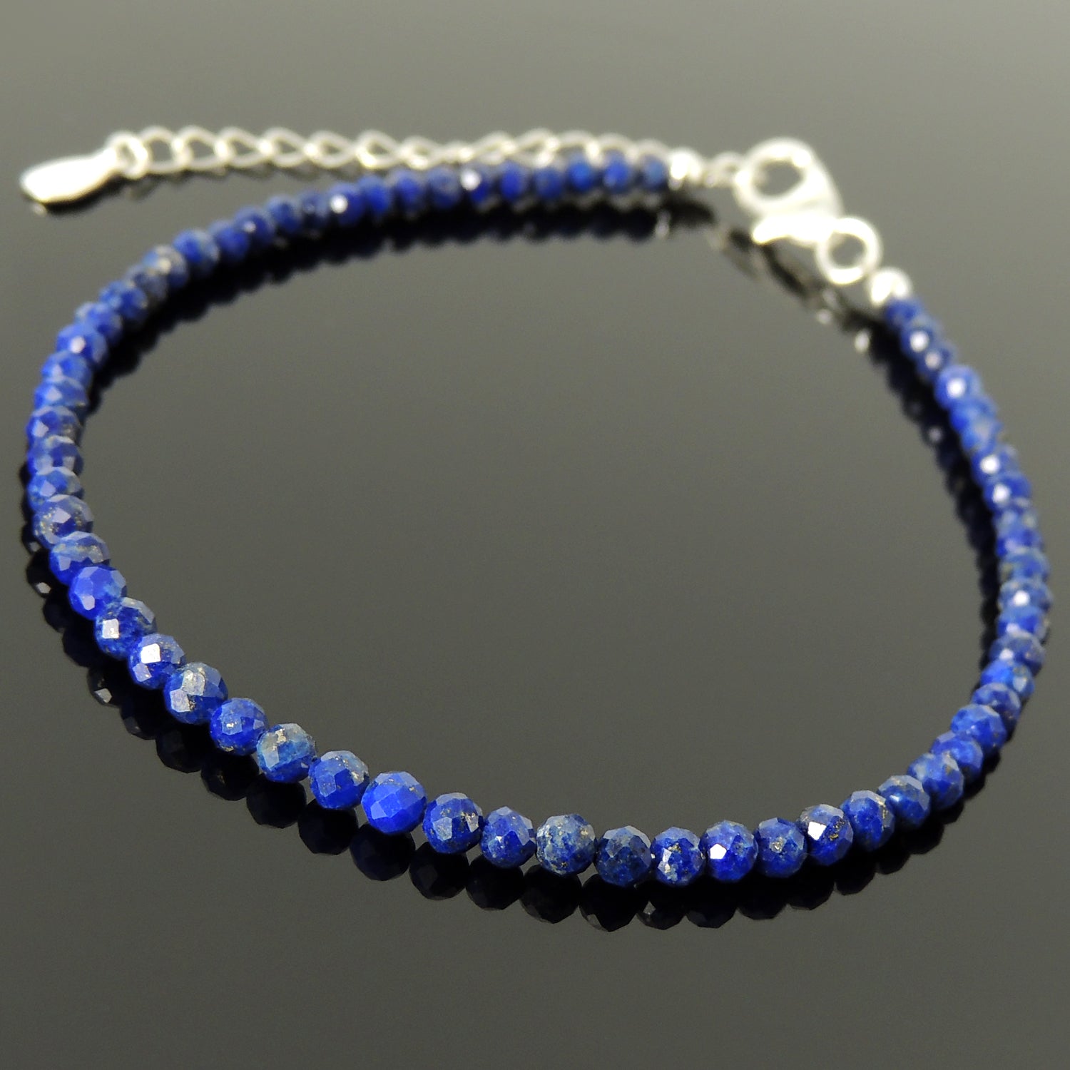 Natural Lapis Lazuli Faceted Crystal Anklet for Chakra Meditation, Healing, Awareness with 3mm Small Beads, Adjustable Sterling Silver Chain Link, Clasp, .925 Purity, Non-plated AN034