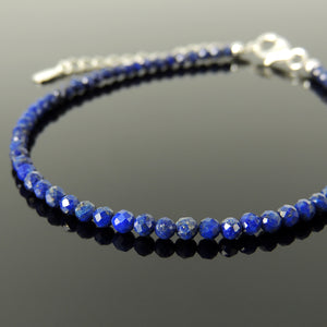 Natural Lapis Lazuli Faceted Crystal Anklet for Chakra Meditation, Healing, Awareness with 3mm Small Beads, Adjustable Sterling Silver Chain Link, Clasp, .925 Purity, Non-plated AN034