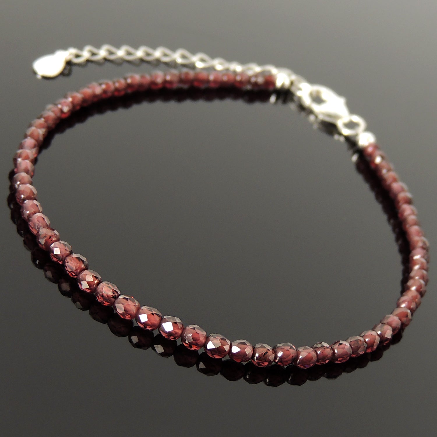 3mm Faceted Garnet Anklet Healing Crystal Bracelet with S925 Sterling Silver Chain & Clasp for Daily Wear, Awareness, Mindful Meditation AN035