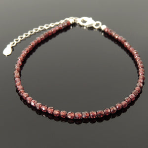 3mm Faceted Garnet Anklet Healing Crystal Bracelet with S925 Sterling Silver Chain & Clasp for Daily Wear, Awareness, Mindful Meditation AN035