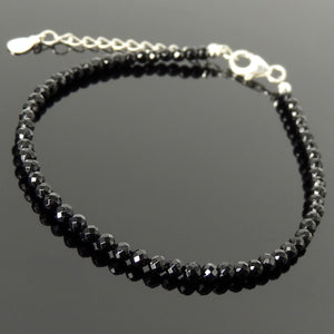 3mm Faceted Bright Black Onyx Anklet Healing Crystal Bracelet with S925 Sterling Silver Chain & Clasp for Daily Wear, Awareness, Mindful Meditation AN036