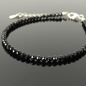 3mm Faceted Bright Black Onyx Anklet Healing Crystal Bracelet with S925 Sterling Silver Chain & Clasp for Daily Wear, Awareness, Mindful Meditation AN036