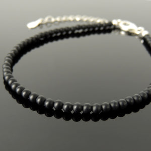 3mm Matte Black Onyx Anklet Healing Gemstone Bracelet with S925 Sterling Silver Chain & Clasp for Daily Wear, Awareness, Mindfulness Meditation AN037