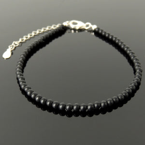 3mm Matte Black Onyx Anklet Healing Gemstone Bracelet with S925 Sterling Silver Chain & Clasp for Daily Wear, Awareness, Mindfulness Meditation AN037