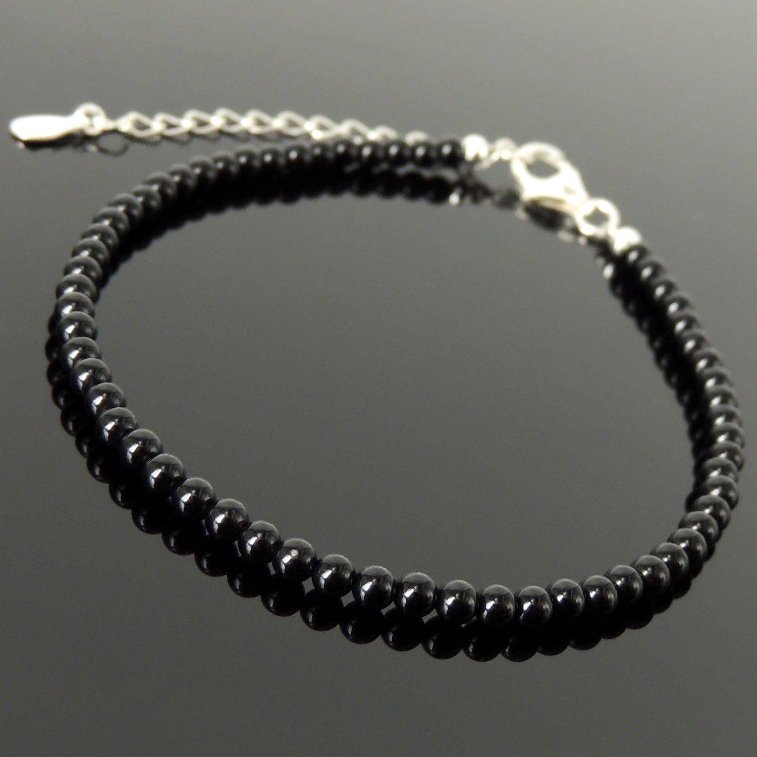 3mm Bright Black Onyx Anklet Healing Gemstones with S925 Sterling Silver Chain & Clasp for Daily Wear, Compassion, Mindfulness, Chakra Meditation AN038