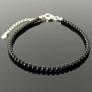 3mm Bright Black Onyx Anklet Healing Gemstones with S925 Sterling Silver Chain & Clasp for Daily Wear, Compassion, Mindfulness, Chakra Meditation AN038