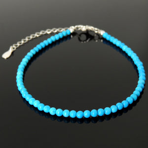 3mm Enhanced Blue Turquoise Anklet Healing Gemstones with S925 Sterling Silver Chain & Clasp for Daily Wear, Compassion, Mindfulness Meditation AN039