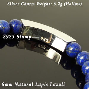 8mm Lapis Lazuli Healing Gemstone Bracelet with S925 Sterling Silver Minimal Rectangle Charm - Handmade by Gem & Silver BR1101