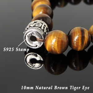 10mm Brown Tiger Eye Healing Gemstone Bracelet with S925 Sterling Silver OM Meditation Barrel Bead - Handmade by Gem & Silver BR1142