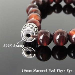 10mm Red Tiger Eye Healing Gemstone Bracelet with S925 Sterling Silver OM Meditation Barrel Bead - Handmade by Gem & Silver BR1143
