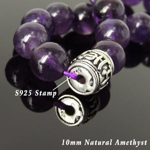 10mm Amethyst Healing Gemstone Bracelet with S925 Sterling Silver OM Meditation Barrel Bead - Handmade by Gem & Silver BR1144