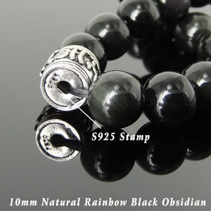 10mm Rainbow Black Obsidian Healing Gemstone Bracelet with S925 Sterling Silver OM Meditation Barrel Bead - Handmade by Gem & Silver BR1146