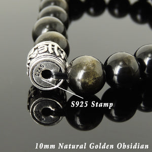 10mm Golden Obsidian Healing Gemstone Bracelet with S925 Sterling Silver OM Meditation Barrel Bead - Handmade by Gem & Silver BR1147