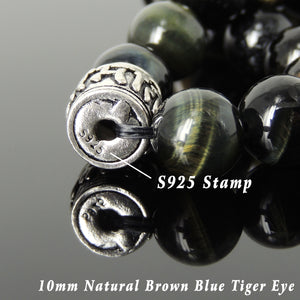 10mm Brown Blue Tiger Eye Healing Gemstone Bracelet with S925 Sterling Silver OM Meditation Barrel Bead - Handmade by Gem & Silver BR1148