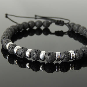 6mm Lava Rock Adjustable Braided Stone Bracelet with S925 Sterling Silver Spacers - Handmade by Gem & Silver BR1157