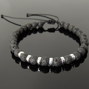 6mm Lava Rock Adjustable Braided Stone Bracelet with S925 Sterling Silver Spacers - Handmade by Gem & Silver BR1157
